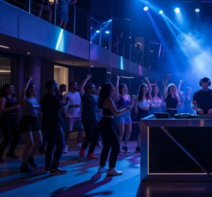 DJ pult, modern klubhangulat és táncoló vendégek