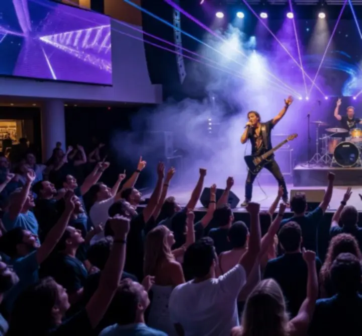 Élő koncert színpadi fényei és lelkes közönség